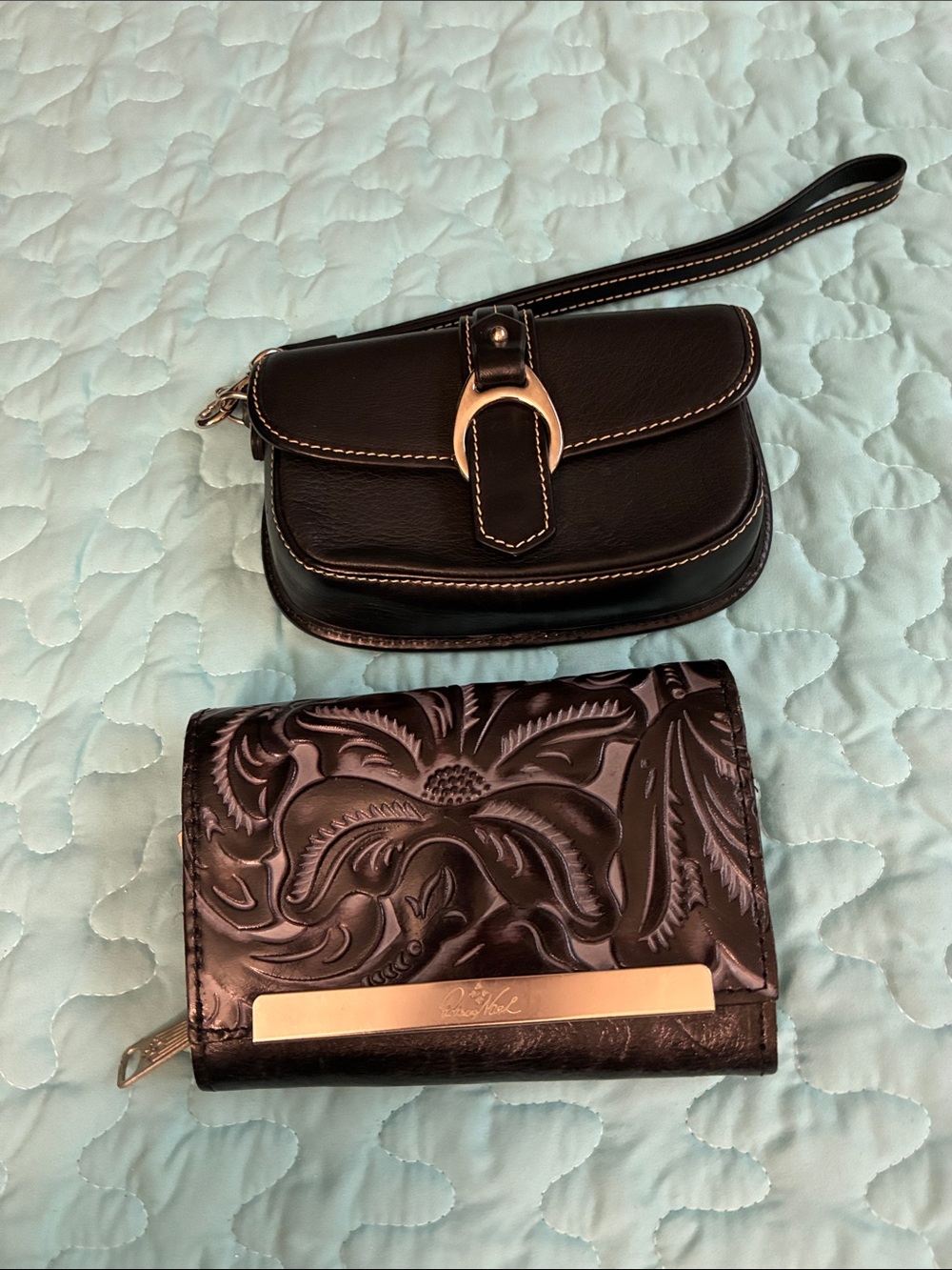 Patricia Nash Black Leather Wristlet and Embossed Black Wallet Set